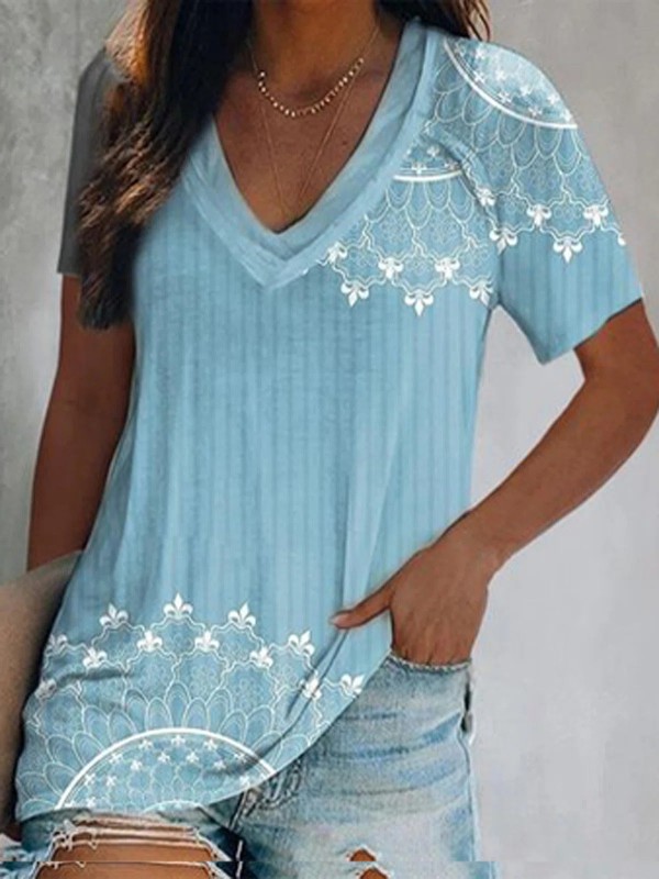 Mandala Tribal Print Vneck Short Sleeves Tshirt