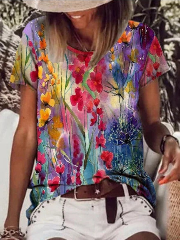 Floral Print Round Neck Short Sleeves Tshirt
