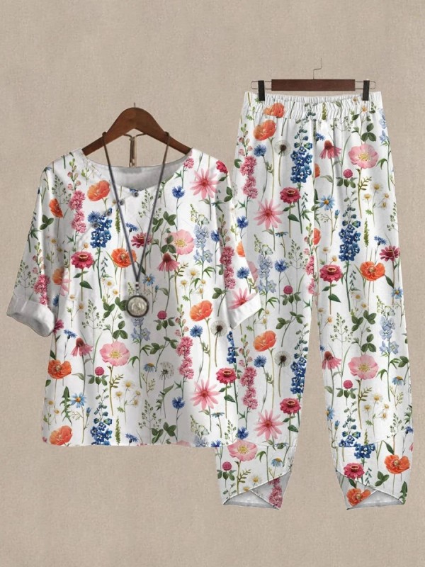 Assorted Floral Print Top And Pants Twopiece Suits