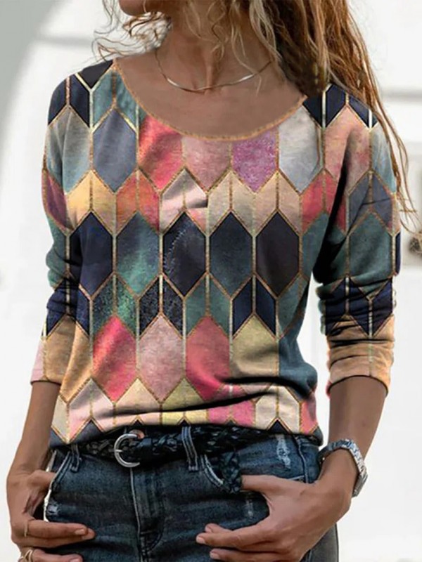 Women's Geometric Printed Roumd Neck Long Sleeves Casual Tops