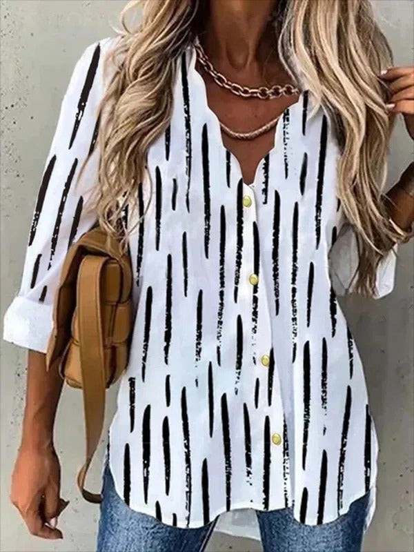 V Neck Striped Long Sleeve Casual Blouse