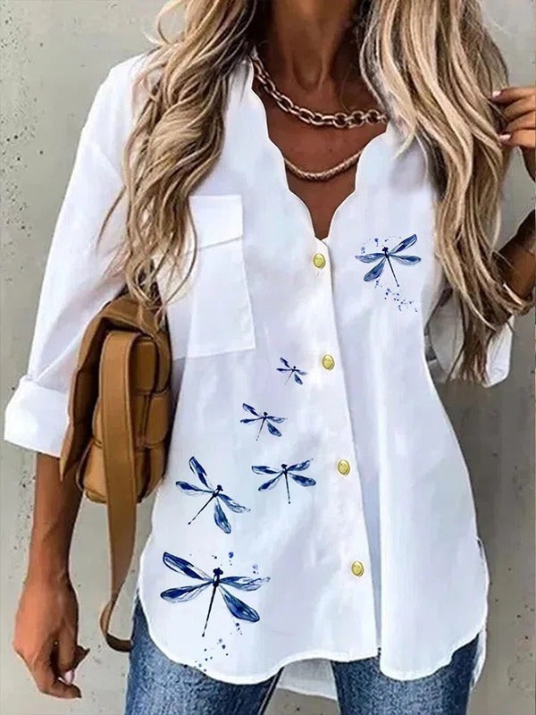 Dragonfly Print Vneck Buttons Long Sleeves Blouse