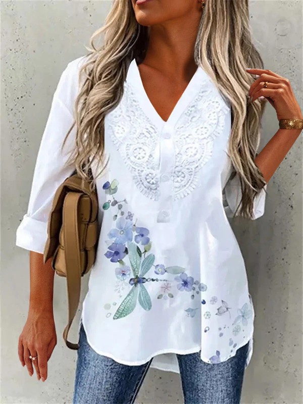 Dragonfly Floral Print Vneck Buttons Lace Blouse