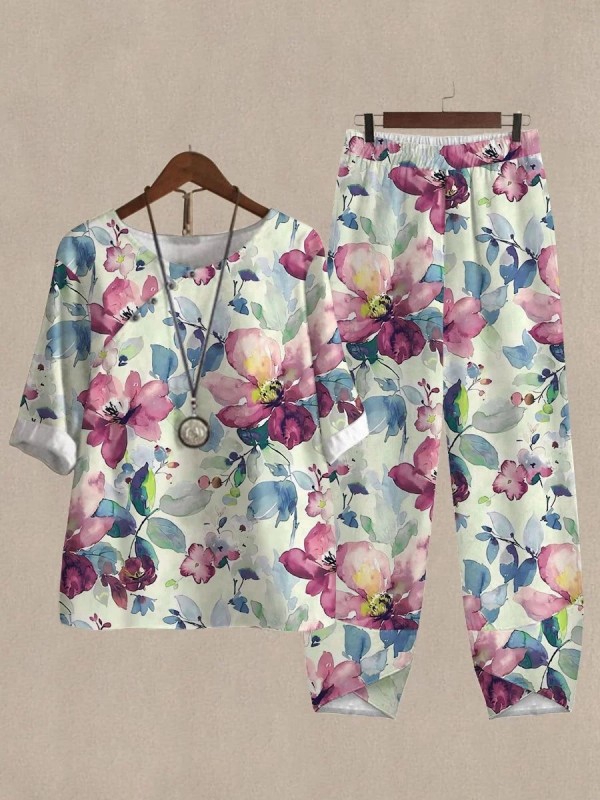 Watercolor Botanical Print Top And Pants Twopiece Suits