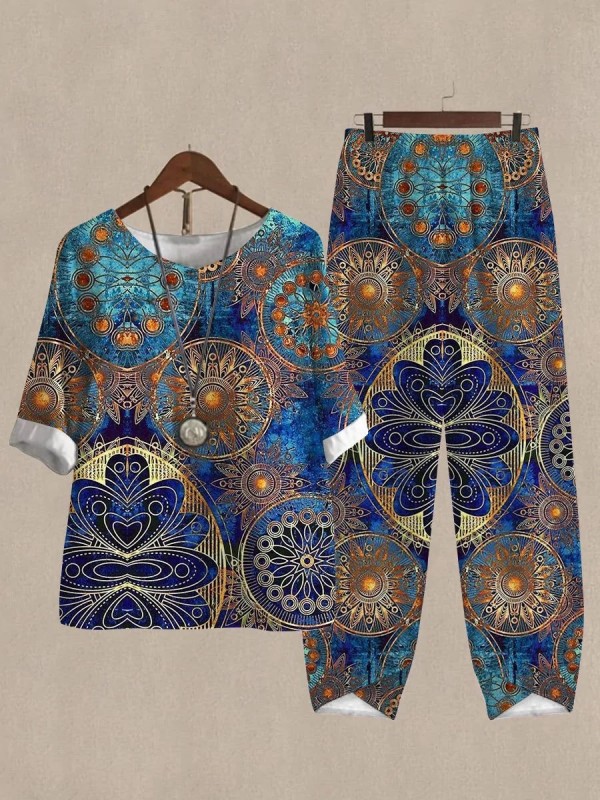 Women's Printed Half Sleeve Top And Casual Pants Linen Two Pieces