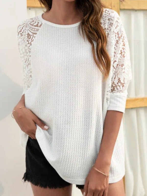 Round Neck Solid Lace Basic Blouse