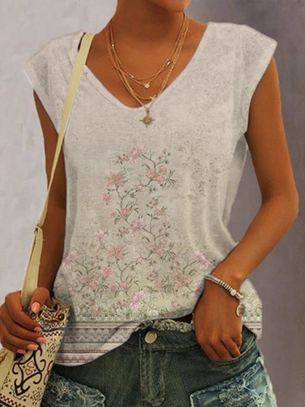 Floral Printed V Neck Casual Short Sleeve TShirt