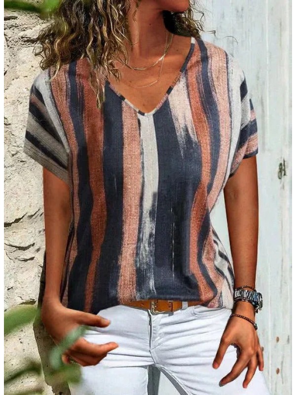 Stripes V Neck Shift Short Sleeve Tshirt