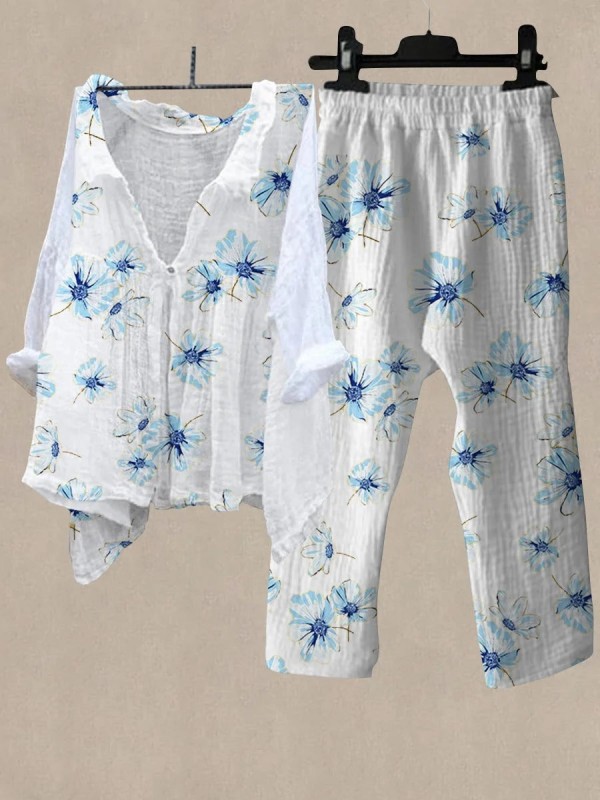 Women's Blue Flower Print Shirt Collar Top And Casual Pants Linen Two Pieces