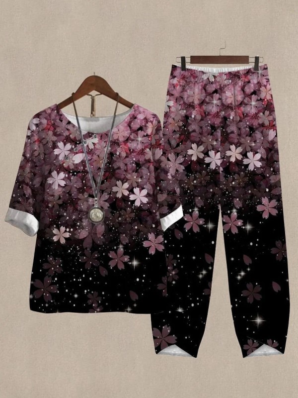Gradient Cherry Blossom Print Top And Pants Casual Twopiece Suits