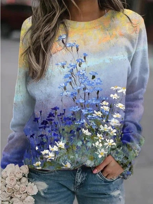 Round Neck Casual Floral Loosen Sweatshirt
