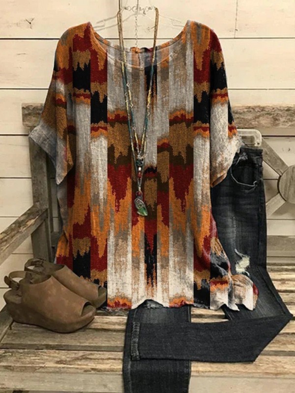 Scoop Neckline Color Block Vintage Retro Tops