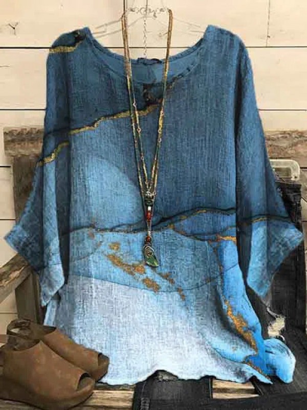 Round Neck Marbling Loosen Daily Tunic Tops