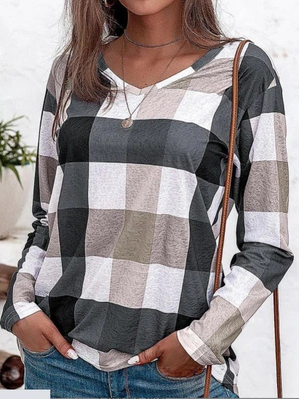 V Neck Checked/Plaid Casual Long sleeve Tshirt