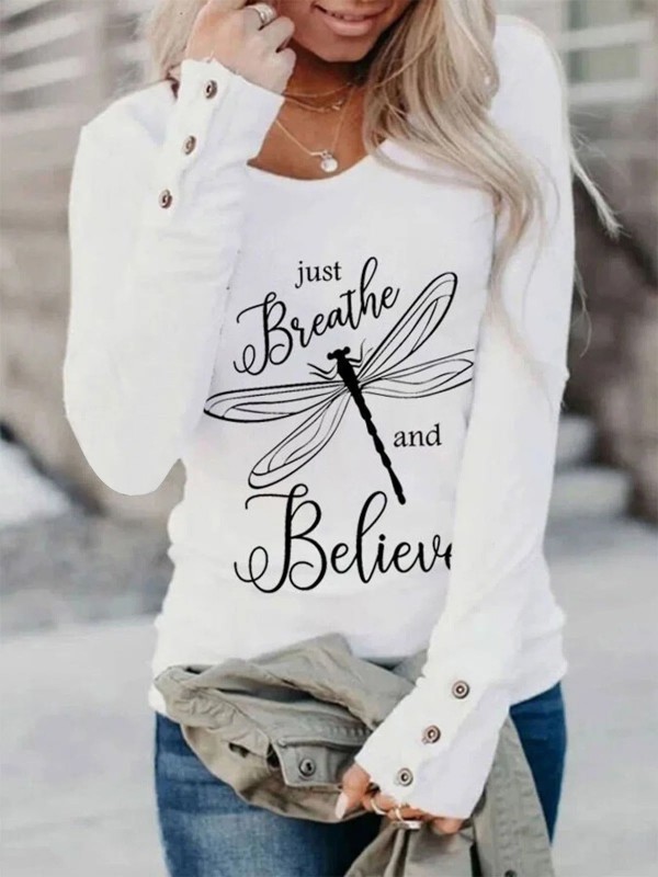 Fit Casual Dragonfly Crew Neck Buttoned TShirt