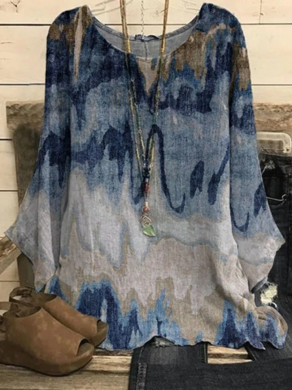 Blue Stripes Printed Long Sleeve Casual Shift Tops