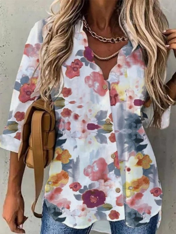 V Neck Floral Long Sleeve Blouse