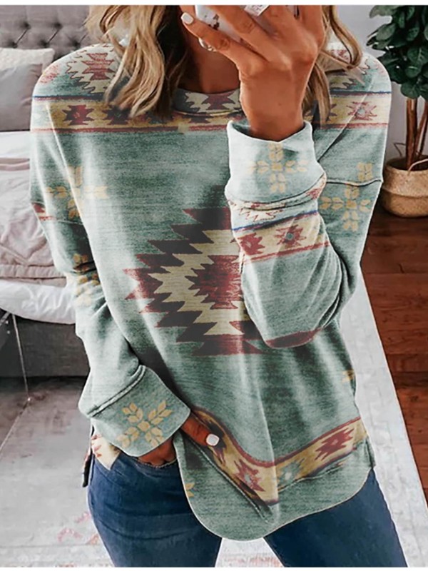 Women's Sweatshirt Geometric Patchwork Print Daily Sports 3D Print Basic Ethnic Hoodies Sweatshirts Loose Blue Green Red