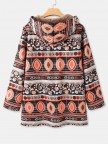 Vintage Print Zipper Front Hooded Long Sleeve Coat
