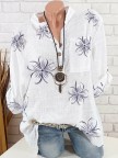 Vintage Floral Printed Stand Collar Button Long Sleeve Blouse