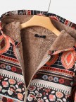 Vintage Print Zipper Front Hooded Long Sleeve Coat