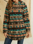Vintage Ethnic Pattern Print Pocket Hooded Casual Coat