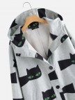 Cartoon Cat Print Long Sleeve Hooded Coat