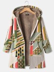 Geometric Print Long Sleeve Zipper Hooded Coat With Pocket