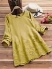 Hollow Long Sleeve Embroidered Oneck Vintage Blouse