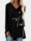 Cat Print Long Sleeves Vneck Casual Tshirt For Women