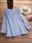 Side Buttons Stripe Cat Embroidered Patchwork Vintage Long Sleeve Blouse