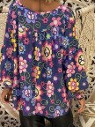 V Neck Flower Printed Loose Blouse