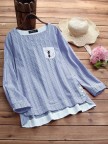 Side Buttons Stripe Cat Embroidered Patchwork Vintage Long Sleeve Blouse