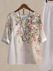 Casual Crew Neck Floral Cotton And Linen TwoPiece Set