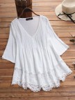 Jacquard Pleated Lace Hollow Out Vneck Plus Size Blouse