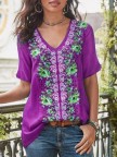 Floral Print Vneck Short Sleeve Casual Tshirt