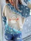 Women's Christmas Snowman Printed Long Sleeve Hooded Color Block Sweatshirt