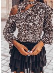 Leopard OneShoulder Long Sleeves Casual Blouses