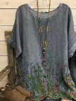 Crew Neck Casual Floral Linen Shirts & Tops