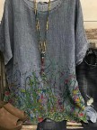 Crew Neck Casual Floral Linen Shirts & Tops