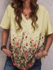 FloralPrint CottonBlend Casual V Neck Shirts & Tops