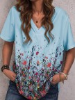 FloralPrint CottonBlend Casual V Neck Shirts & Tops