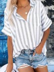 Cotton Buttoned Short Sleeve Striped Top