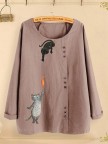 Ladies Casual Long Sleeves Tops Linen Blouses With Cartoon Cat Printing