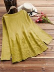 Hollow Long Sleeve Embroidered Oneck Vintage Blouse