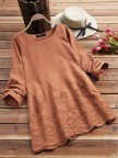 Hollow Long Sleeve Embroidered Oneck Vintage Blouse