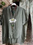 Army Green Retro V Neck Floral Cotton Blended Suits