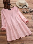 Hollow Long Sleeve Embroidered Oneck Vintage Blouse