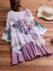 Vintage Patchwork Print Fake TwoPiece Half Sleeve Plus Size Blouse