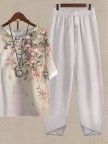 Casual Crew Neck Floral Cotton And Linen TwoPiece Set